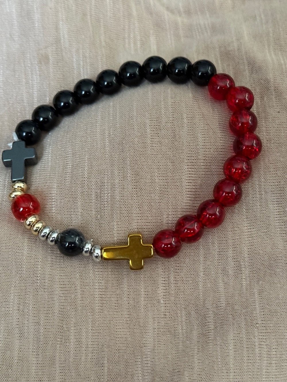 Gold Cross Red and Black Bead Stretch Bracelet